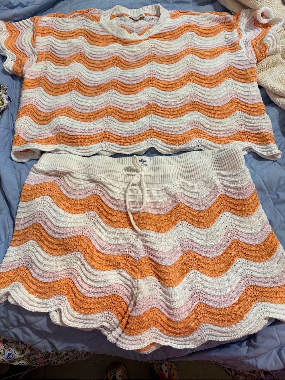 Wavy Crochet top and Shorts in Orange, Pink & White
